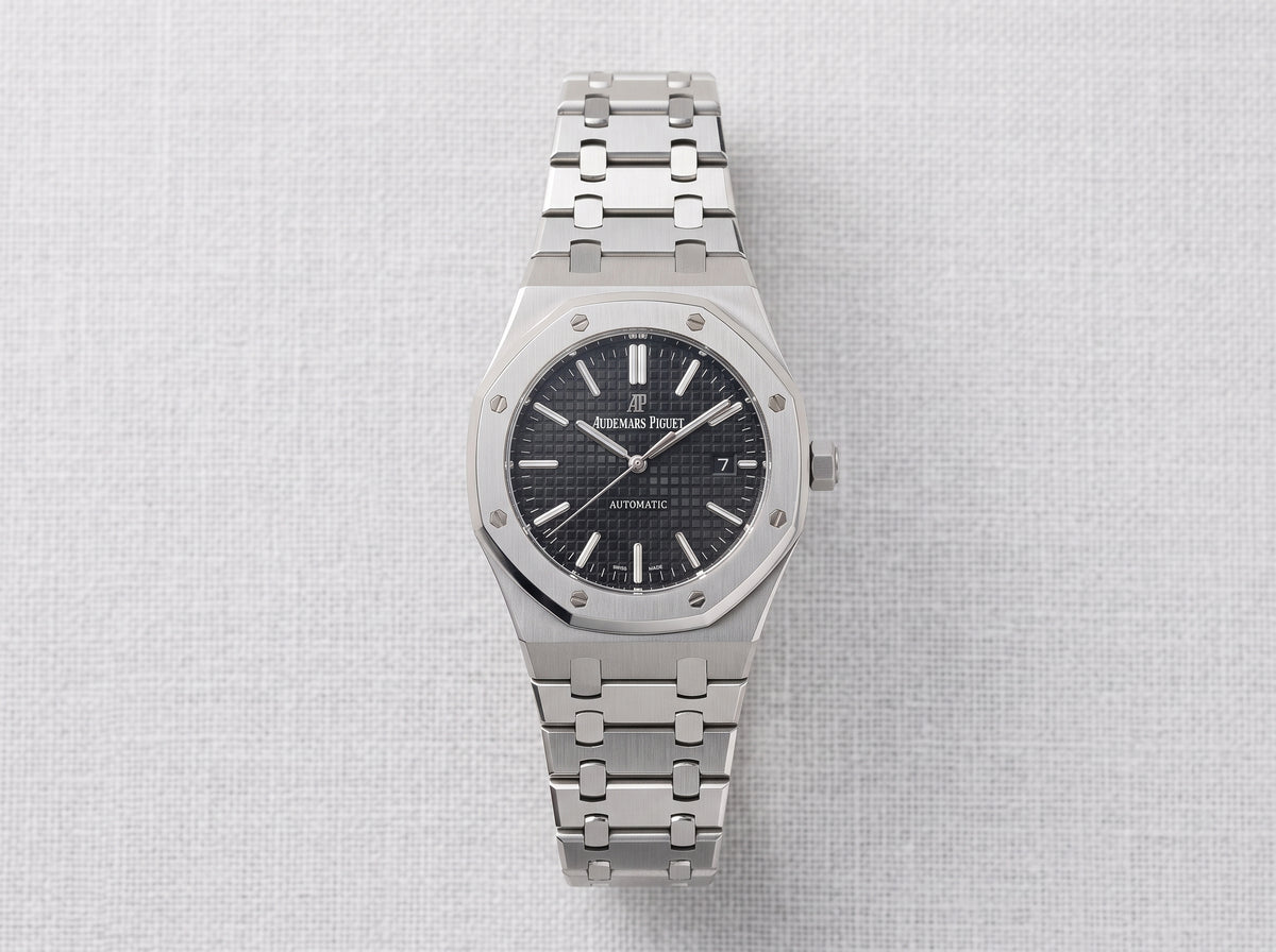 AP Royal Oak Style Black Dial Men’s Watch – Silver Stainless Steel Bracelet