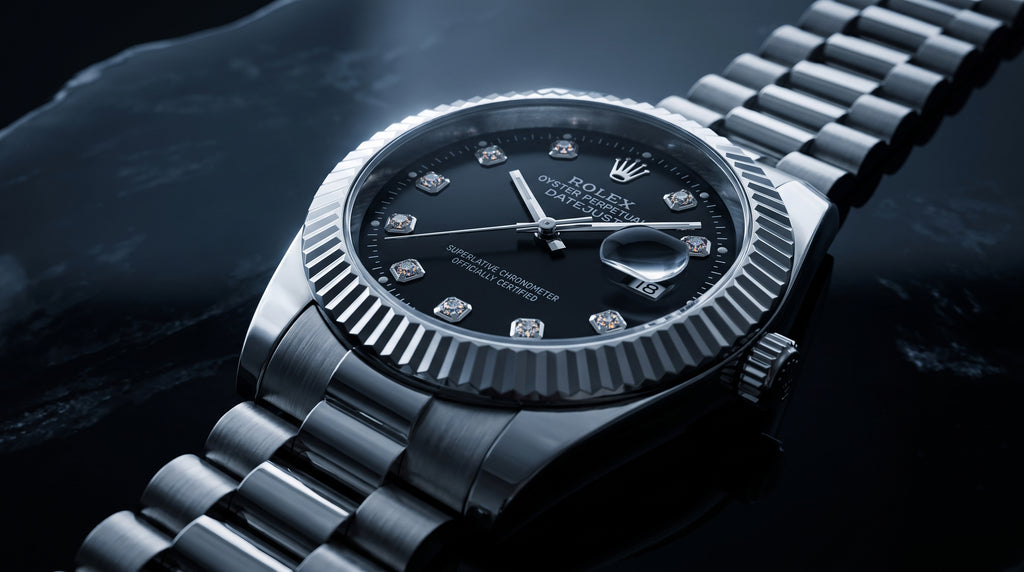 Rolex Date just Black Dial Silver Watch