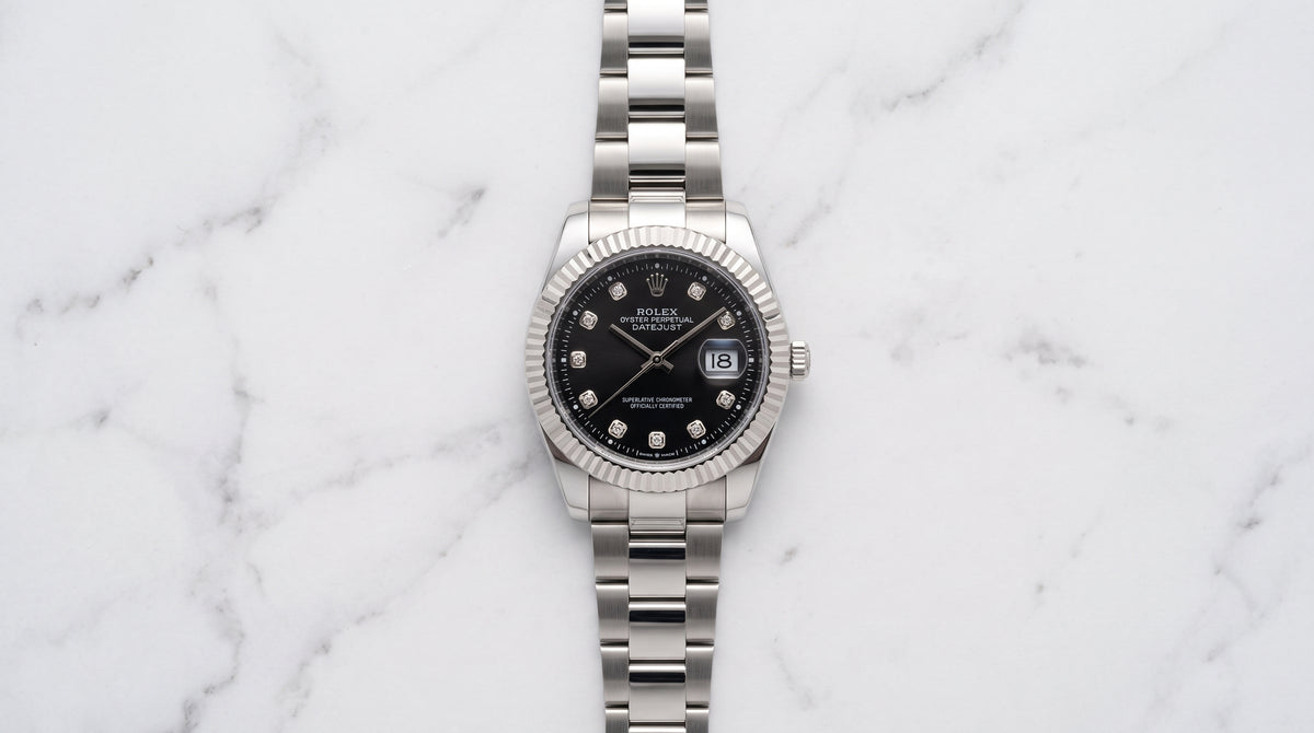 Rolex Date just Black Dial Silver Watch