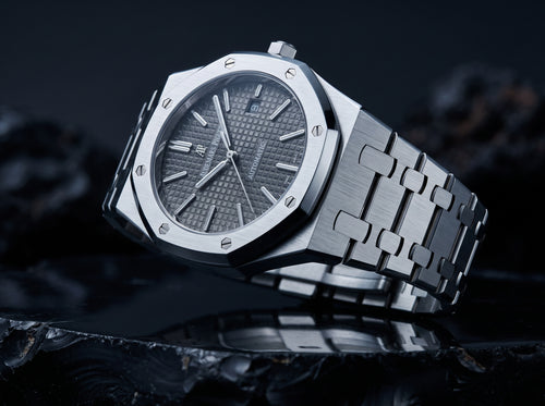 AP Royal Oak Style Black Dial Men’s Watch – Silver Stainless Steel Bracelet