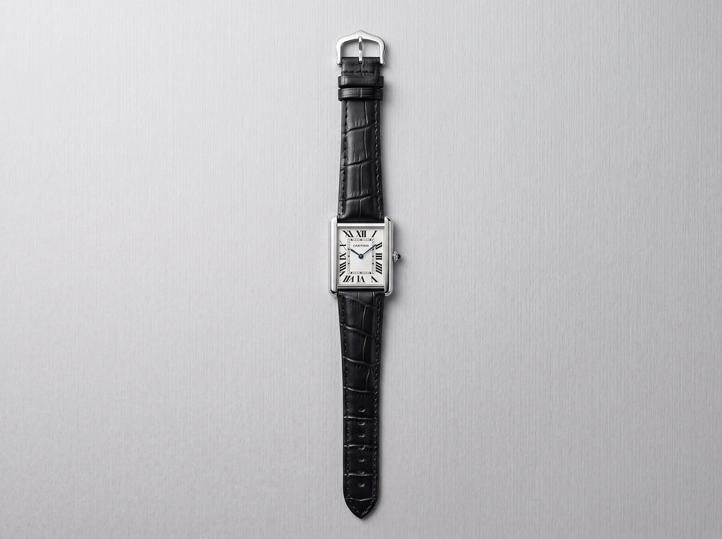 Cartier Tank Style Men’s Watch – White Dial with Black Leather Strap