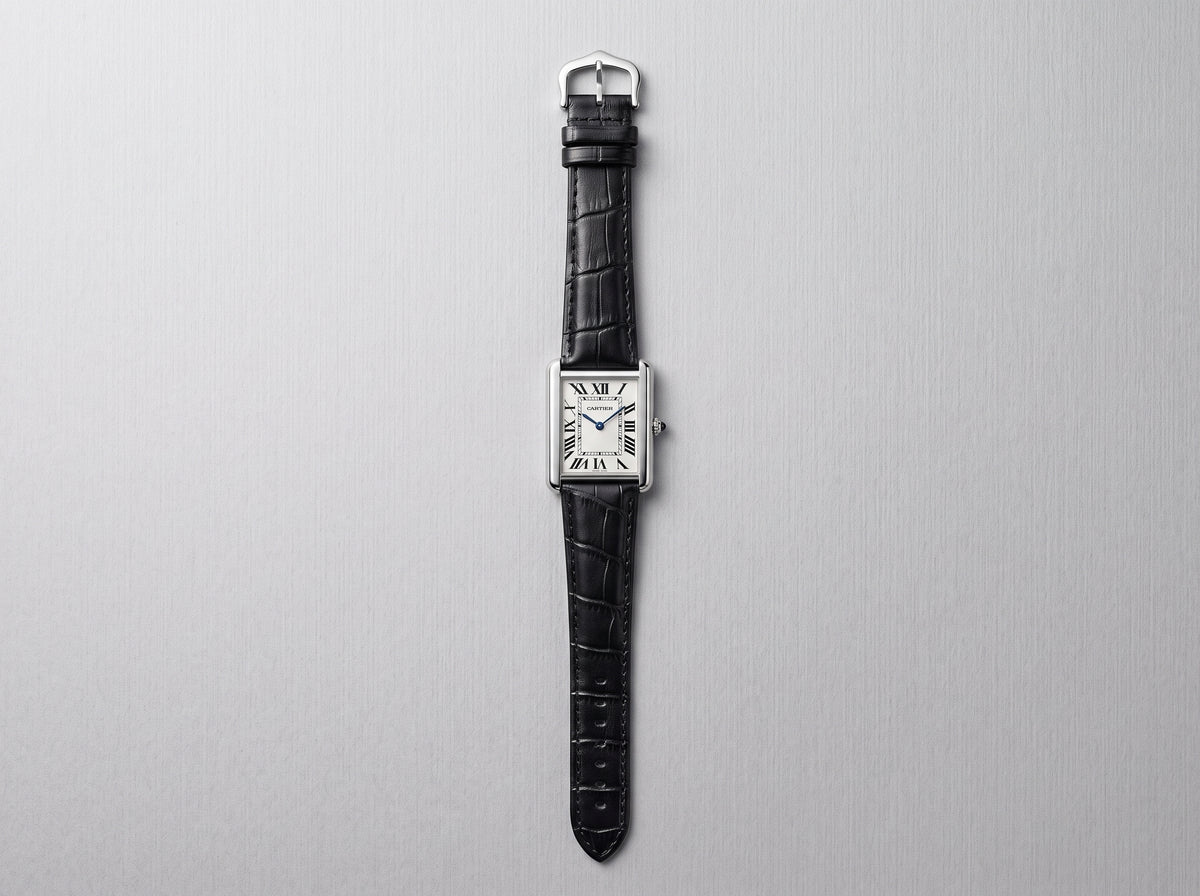 Cartier Tank Style Men’s Watch – White Dial with Black Leather Strap