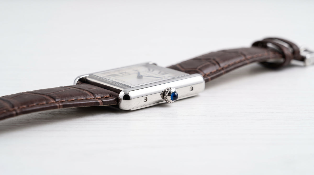 Cartier Tank Style Men’s Watch – Classic White Dial with Brown Leather Strap
