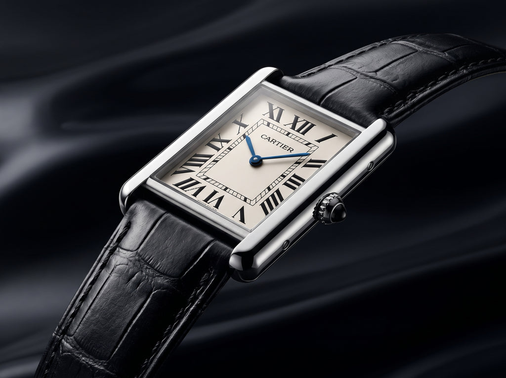 Cartier Tank Style Men’s Watch – White Dial with Black Leather Strap
