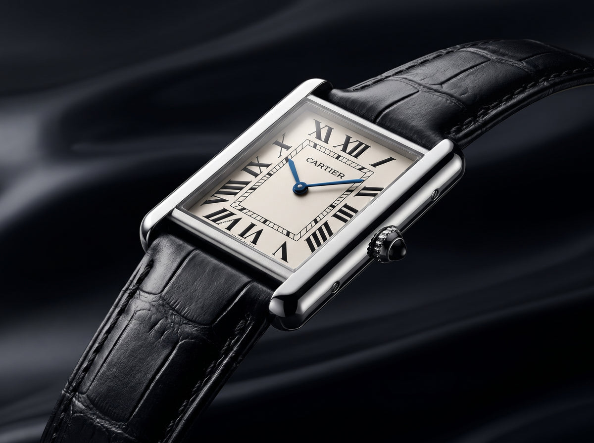 Cartier Tank Style Men’s Watch – White Dial with Black Leather Strap