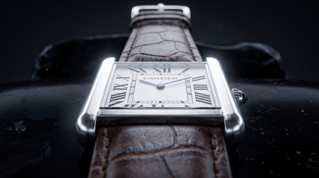 Cartier Tank Style Men’s Watch – Classic White Dial with Brown Leather Strap